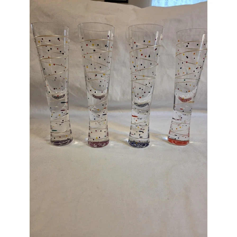 Mindy Sand Bubble Champagne Flutes Set of 4 Signed 2018 Hand Painted Art Glass